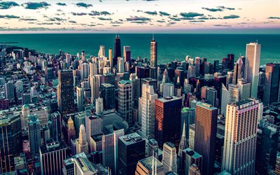 4k, Chicago, evening, skyline cityscapes, skyscrapers, modern buildings, nightscapes, american cities, USA, America, Chicago in evening, Chicago panorama, Chicago cityscape