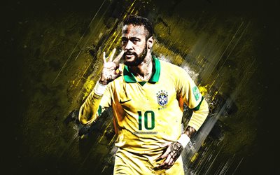 neymar, squadra di calcio nazionale brasiliano, calciatore brasiliano, sfondo di pietra gialla, brasile, calcio, neymar da silva santos junior, neymar jr