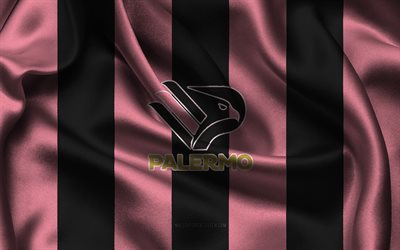 4k, logo palermo fc, tissu de soie noire rose, équipe de football italien, emblem palermo fc, serie b, palerme fc, italie, football, drapeau palermo fc