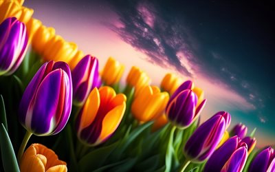tulipani dipinti, tulipani colorati, fiori selvatici, sfondo con tulipani, fiori di primavera, sera, tramonto, tulipani, sfondo di fiori