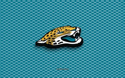 4k, logo isometrico di jacksonville jaguars, 3d art, american football club, arte isometrica, jacksonville jaguars, background turchese, nfl, stati uniti d'america, football americano, emblema isometrico, logo jacksonville jaguars