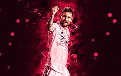 4k, Lionel Messi, 2023, Inter Miami CF, purple neon lights, soccer, argentinian footballers, MLS, football, Lionel Messi 4K, purple abstract background, Leo Messi, Inter Miami FC, Lionel Messi Inter Miami