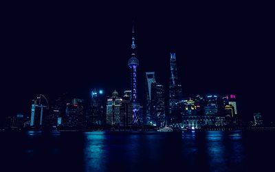 4k, Shanghai, Oriental Pearl Tower, Shanghai Television Tower, skyscrapers, Shanghai World Financial Center, Shanghai Tower, night, Shanghai skyline, China