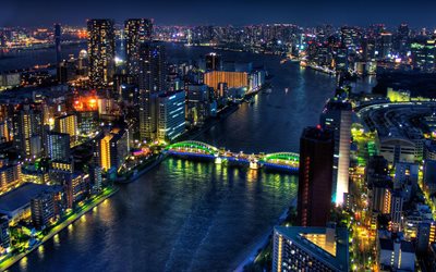 Tokyo, il canale, la notte, grattacieli, Giappone
