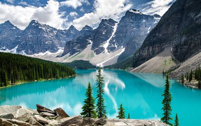 Lago Moraine, estate, montagna, lago blu, Parco Nazionale di Banff, Canada, Valle dei Dieci Picchi