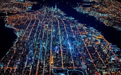 Manhattan, New York, night, lights, top view, USA, America