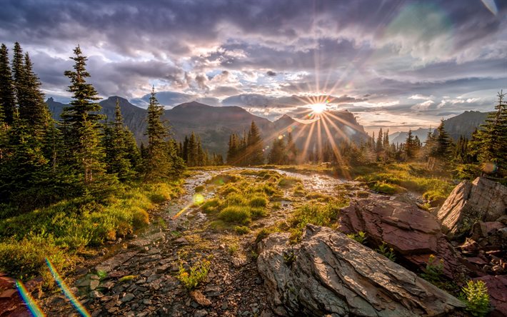 dağ, dere, Gün batımı, güneş, ABD, Glacier Ulusal Parkı