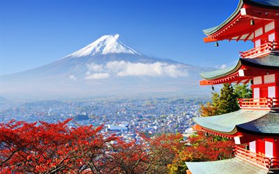 Templo, el otoño, el Monte Fuji, Japón