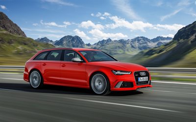 carros Audi RS6 Avant, carretera, montañas, rojo audi, en movimiento