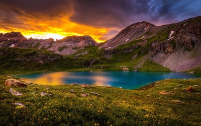meadow, mountain, orange sky, sunset, the lake