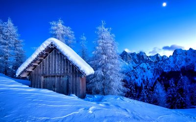 cabaña, nieve, montañas, noche, gori, invierno, katinka