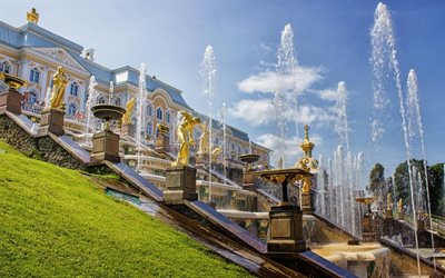 fountains, russia, st petersburg, petrodvorets, peterhof, gold
