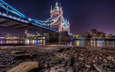 タワーブリッジ, 吊り橋, ロンドン, イギリス, 夜はロンドン
