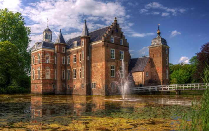 the old castle, the netherlands, locks, the pond, fountain