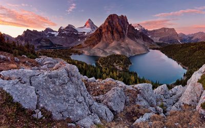 photo, mountains, the lake, rock, coniferous forest