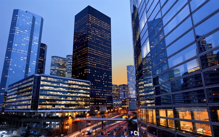 skyscrapers, night, defense, business centers, paris, france, the defense
