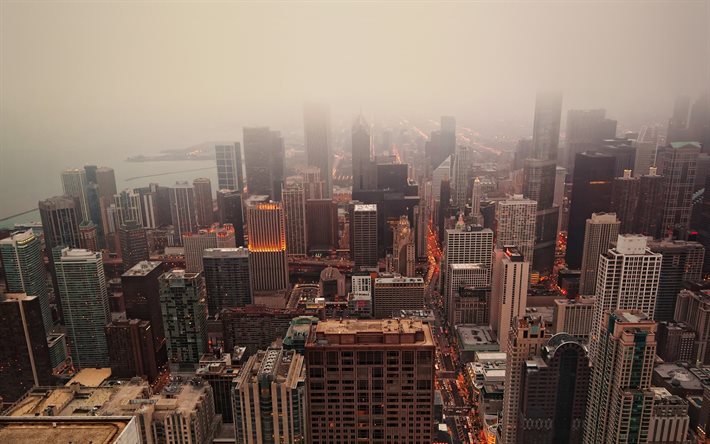 brouillard, etats-unis, les gratte-ciel de chicago, temps nuageux
