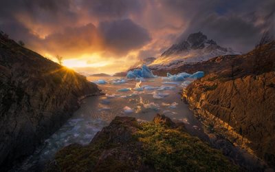 river, sunset, ice, mountains, the rays of the sun