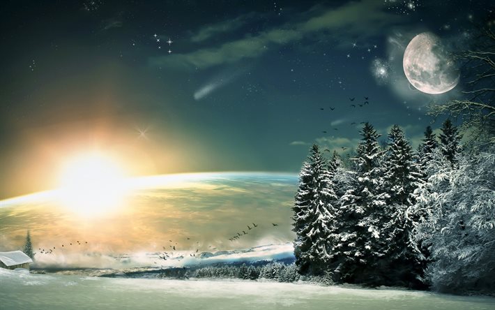 l'hiver, les étoiles, la lune, la forêt, le paysage d'hiver