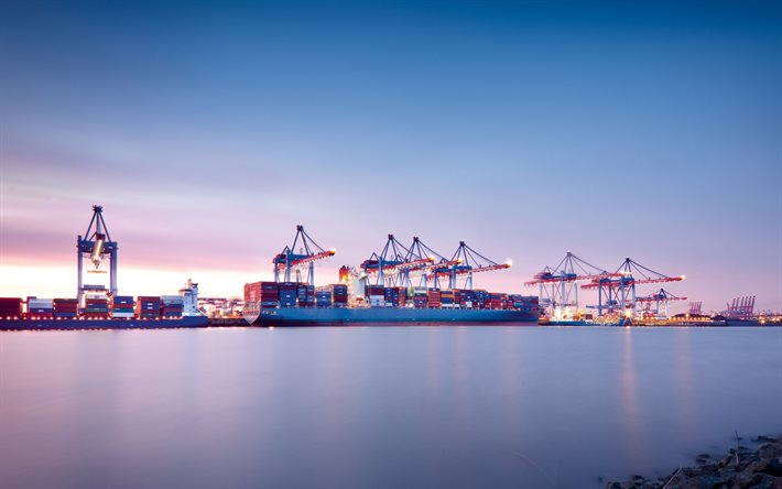 photo, cargo port, a container ship, cranes