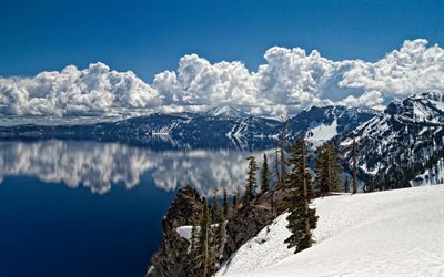 big lake, snow, winter, tree, mountains