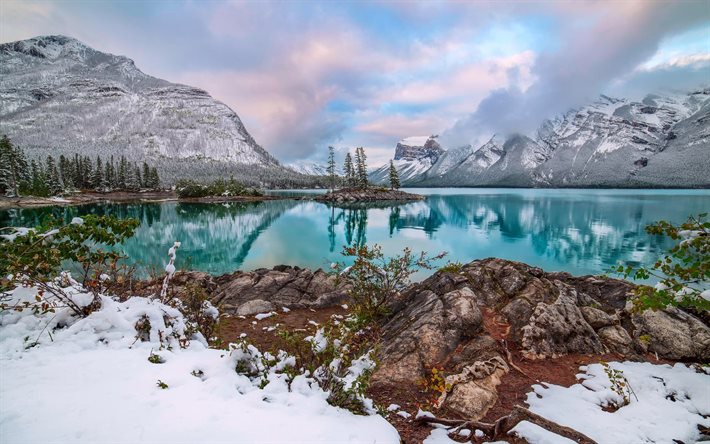 lake minnewanka, blue lake, snow, rock, canada, alberta, mountains