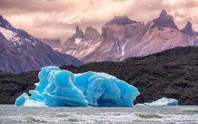 beautiful lake, national park, torres del paine, patagonia, south america, chile, a large iceberg