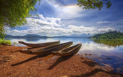 vacker sjö, landskap, sjön, båtar, vietnam
