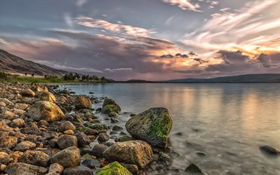 stones, the lake shore, morning, the lake