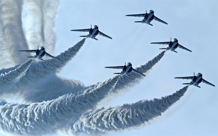 kawasaki t-4, aerobatic team, länk, fighters, blå impuls