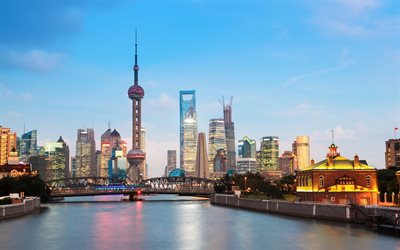 चीन, शाम, महानगर, शंघाई, शंघाई के गगनचुंबी इमारतों के