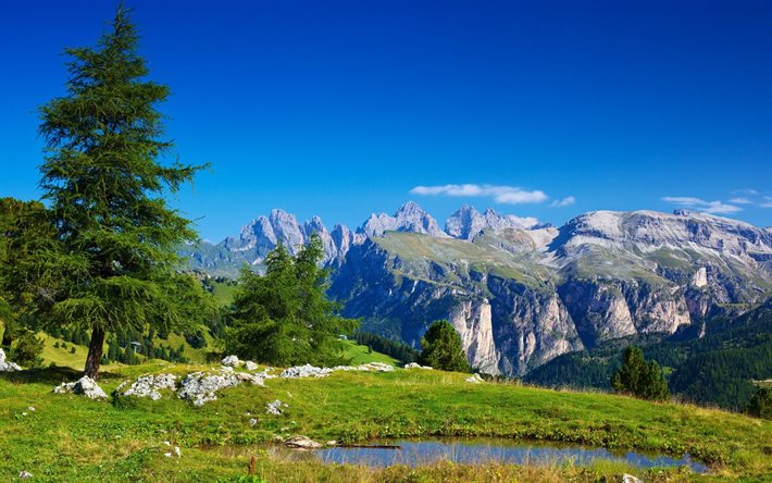 italien, foto av alperna, alperna, bergen, blå himmel