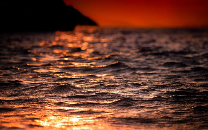 mar, ola, puesta de sol, noche, agua