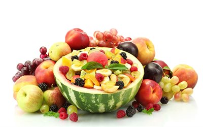 라즈베리, 사과, 과일 샐러드, 복숭아, 수박, plum, 과일, 사진