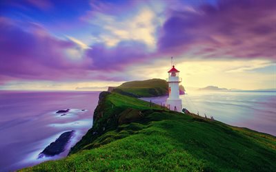Iceland, coast, lighthouse, rocks, sea, sunset