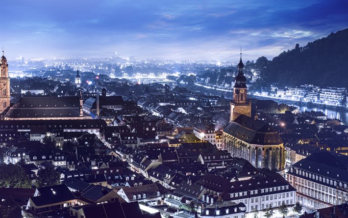 Heidelberg, gece, Eski Şehir, panorama, Almanya