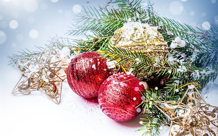 Christmas, balls, stars, pine tree, New Year, christmas decorations