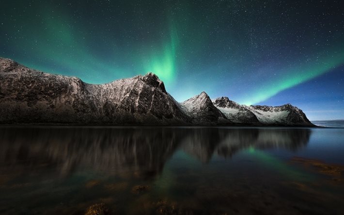 Kuzey Işıkları, deniz, dağlar, sahil, Aurora Borealis, İzlanda