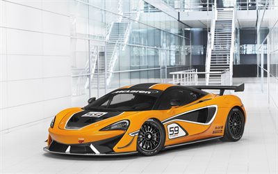 McLaren 570S GT4, 2016, garage, supercars, orange McLaren