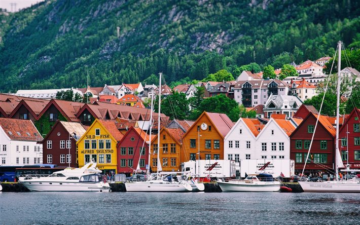 Norveç, iskele, deniz, tekneler, dağlar