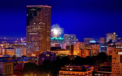 Portland, night, buildings, fireworks, Oregon, America, USA