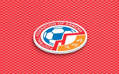 4k, logo isométrique de l'équipe nationale de football d'arménie, art 3d, art isométrique, équipe d'arménie de football, fond rouge, arménie, football, emblème isométrique