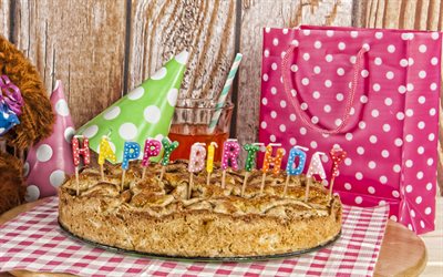 bon anniversaire, 4k, bougies lettres, cadeaux, gâteau d'anniversaire, bonbons, des pâtisseries, carte de voeux joyeux anniversaire, fond d'anniversaire