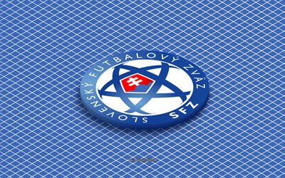 4k, logotipo isométrico del equipo nacional de fútbol de eslovaquia, arte 3d, arte isometrico, selección de fútbol de eslovaquia, fondo azul, eslovaquia, fútbol, emblema isométrico