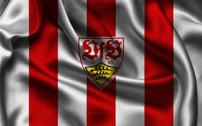 4k, logotipo del vfb stuttgart, tela de seda blanca roja, equipo de fútbol alemán, emblema del vfb stuttgart, bundesliga, vfb stuttgart, alemania, fútbol, bandera del vfb stuttgart, stuttgart fc