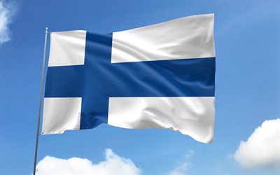 suomen lippu lipputankoon, 4k, eurooppalaiset maat, sinitaivas, suomen lippu, aaltoilevat satiiniliput, suomen kansalliset symbolit, lipputanko lipuilla, suomen päivä, euroopassa, suomi