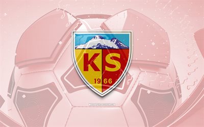 Kayserispor glossy logo, 4K, red football background, Super Lig, soccer, turkish football club, Kayserispor 3D logo, Kayserispor emblem, Kayserispor FC, football, sports logo, Kayserispor