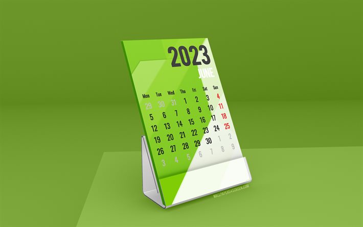 juni 2023 kalender, 4k, stå skrivbordskalendrar, juni, 2023 kalendrar, grön skrivbordskalender, grönt bord, junikalender 2023, sommarkalendrar, 2023 skrivbordskalendrar, 2023 företags junikalender
