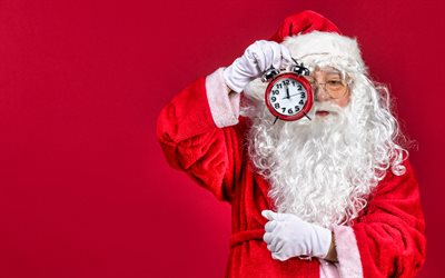 papá noel con un reloj, doce de la noche, feliz año nuevo, feliz navidad, fondo rojo, papá noel, patrón de navidad