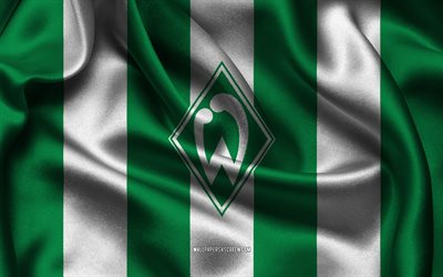 4k, logo werder brema, tessuto di seta bianco verde, squadra di calcio tedesca, emblema del werder brema, bundesliga, werder brema, germania, calcio, bandiera del werder brema